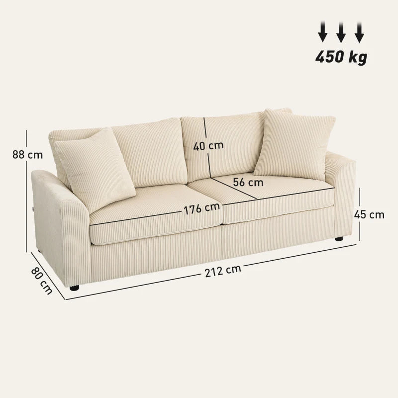 Modern 3 Seater Sofa with Spring Cushion, 212 cm Fabric Jumbo Cord Sofa Couch with 2 Scatter Cushions, Upholstered Corduroy Settee for Living Room, Bedroom, Home Office, Cream White
