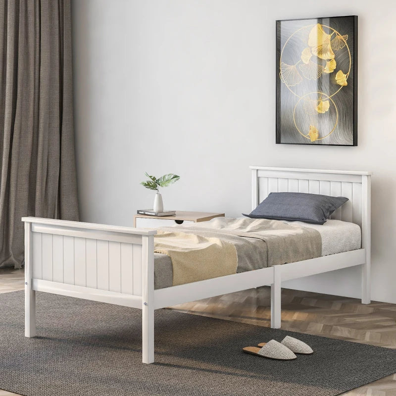 Wood Bed Frame with Headboard and Footboard, Single Bed for Kids or Guest Room, Bedroom Furniture, 199x96x82 cm, White