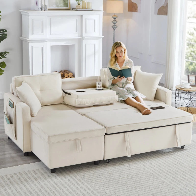 L-Shaped Convertible Sofa Bed with Reversible Chaise, Storage, Sleeper Sofa Ideal for Space-Saving Rooms, 196L x 126W x 79H cm, Beige