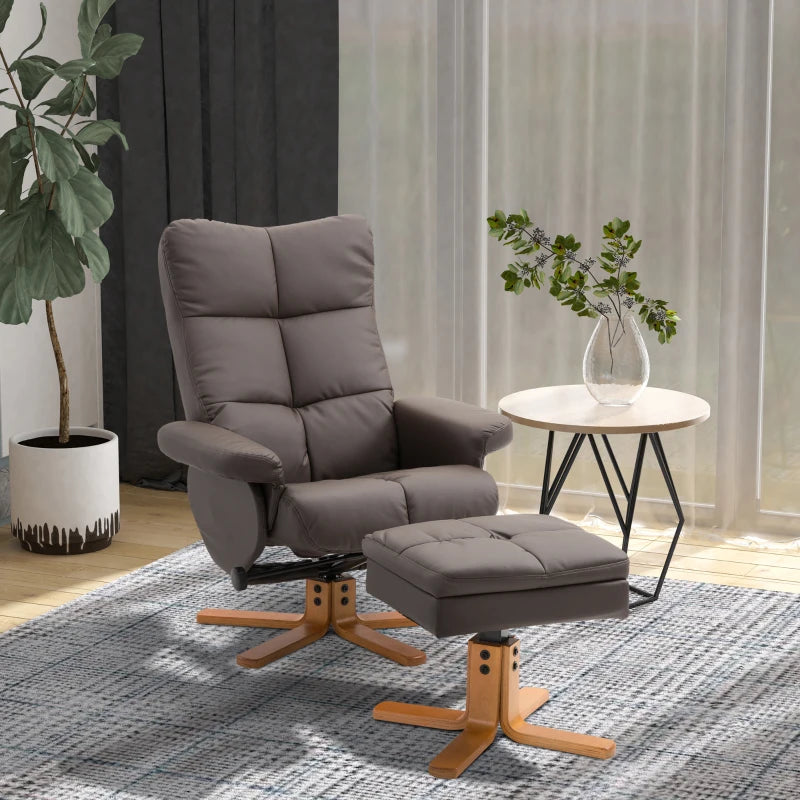 PU Leather Swivel Recliner Chair with Footstool, Wooden Base and Storage for Living Room, Brown
