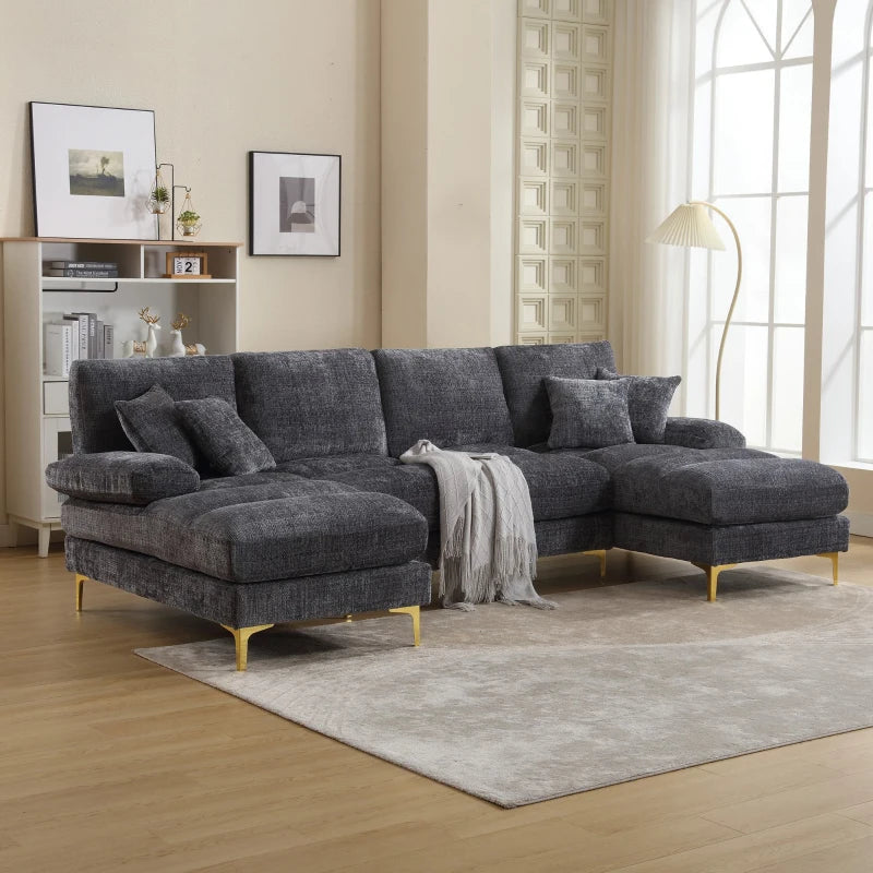 U-Shaped Modular Sofa with Pillows, Double Chaise, Rubber Pads, Chenille Fabric Sectional Couch for Living Room, 272L x 136W x 88H cm, Grey
