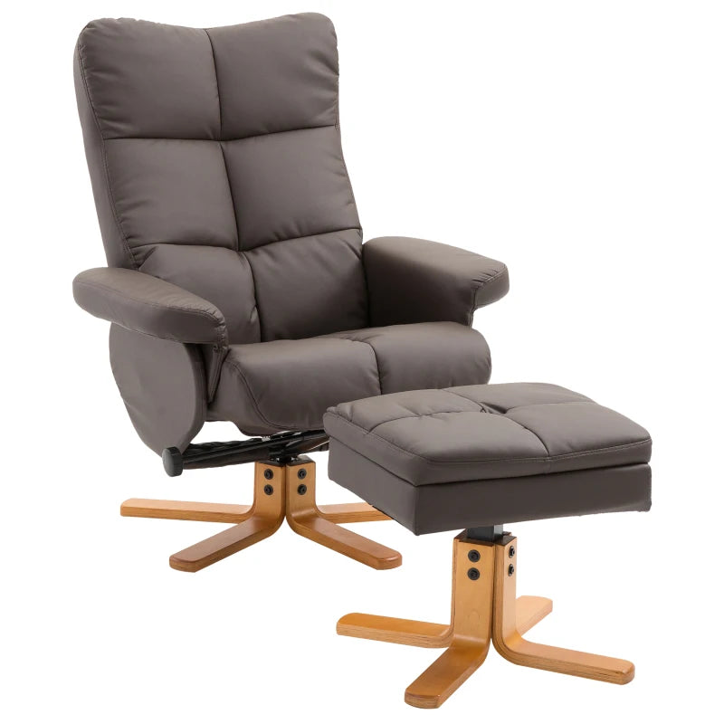 PU Leather Swivel Recliner Chair with Footstool, Wooden Base and Storage for Living Room, Brown