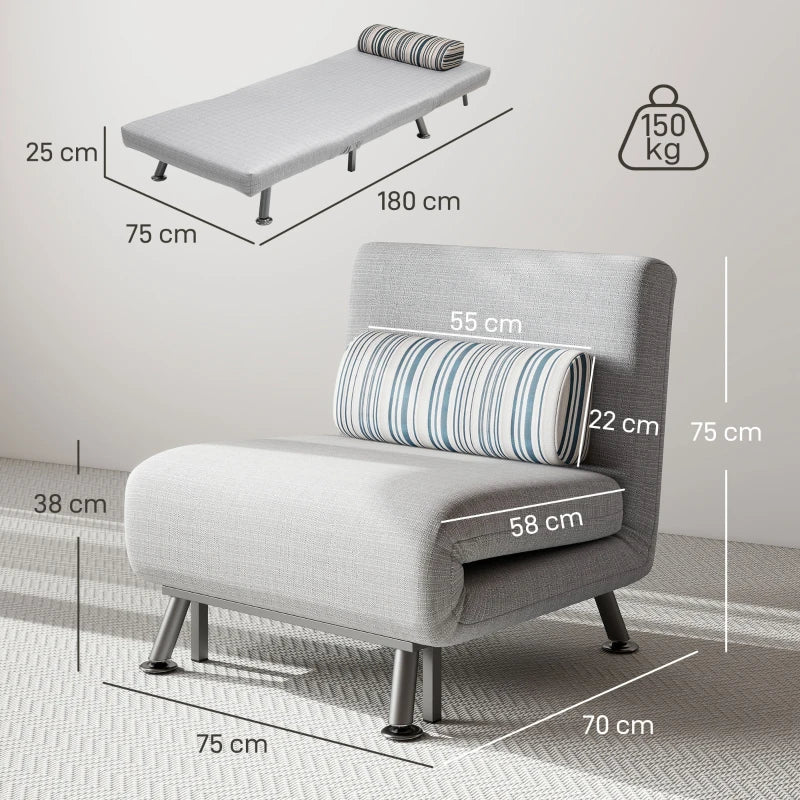 Single Sofa Bed, 1 Person Sleeper Foldable Lounge with Pillow, Light Grey