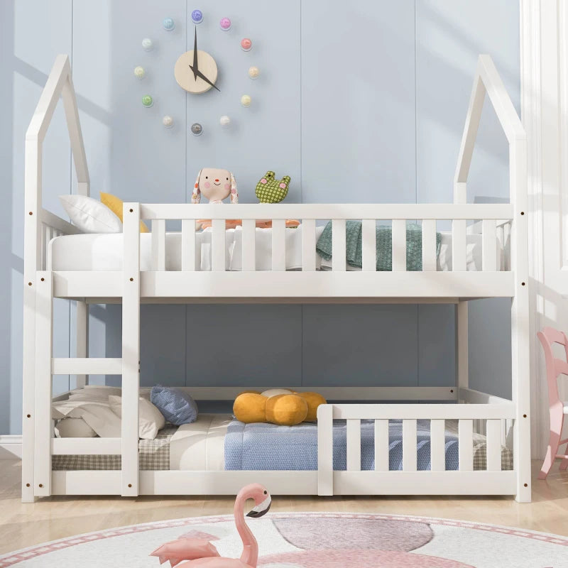 Castle-Shaped Bunk Bed for Kids, Solid Wood Frame with Ladder, Full-length Guardrail, EN 747-1 Certified, 195x98x192 cm, White