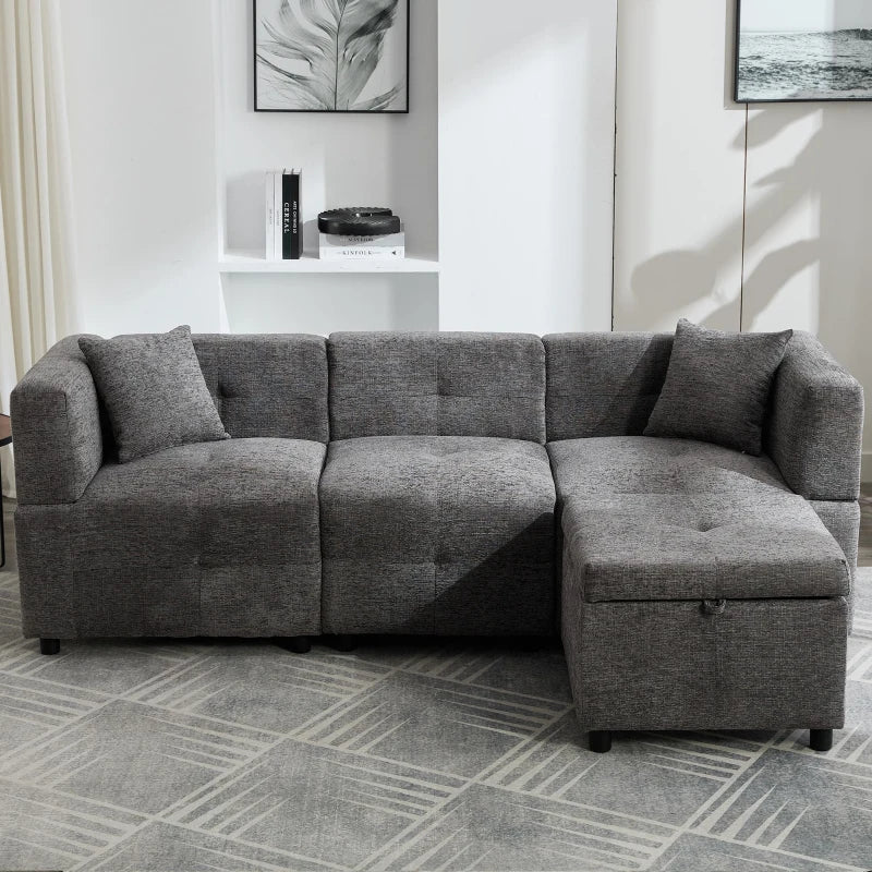 L-Shaped Sectional Sofa with Removable Storage Ottoman and 2 Pillows, Fabric Upholstery, 204L x 68W x 69H cm, Grey