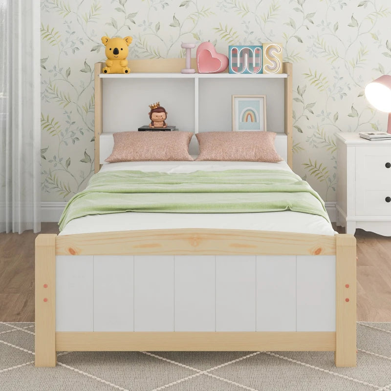 Solid Wooden Single Bed Frame with Storage Headboard, 3FT (90x190 cm) - No Box Spring Needed, Durable Construction, White