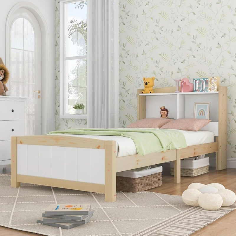 Solid Wooden Single Bed Frame with Storage Headboard, 3FT (90x190 cm) - No Box Spring Needed, Durable Construction, White