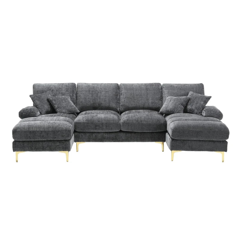 U-Shaped Modular Sofa with Pillows, Double Chaise, Rubber Pads, Chenille Fabric Sectional Couch for Living Room, 272L x 136W x 88H cm, Grey