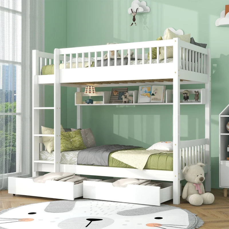 Bunk Bed for Kids, Solid Pine Wood Frame with Under Bed Drawer Storage and Shelves, Ideal for Kids Storage, 198x99.5x152 cm, White