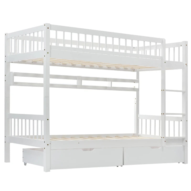 Bunk Bed for Kids, Solid Pine Wood Frame with Under Bed Drawer Storage and Shelves, Ideal for Kids Storage, 198x99.5x152 cm, White