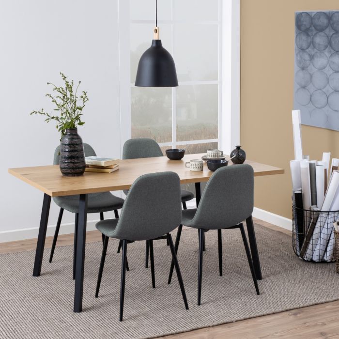 Cenny Dining Table in Oak & Black 160x75cm includes 4 Wilma Dining Chairs in Light Grey