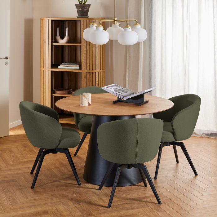 Soli Round Dining Table in Oak/Black 120x75cm includes 4 Darlene Dining Chair includes Armrest and Swivel Function in Green