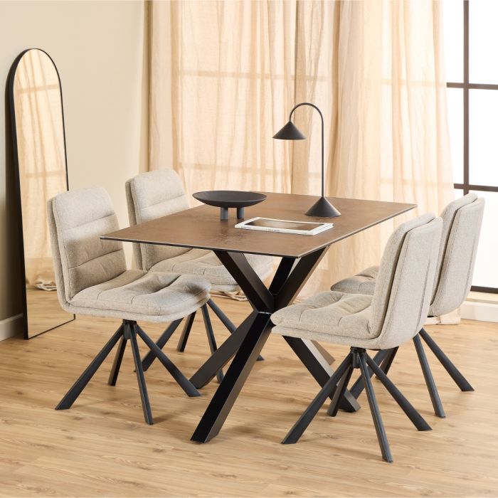 Heaven Dining Table includes Ceramic Rusty Brown Top 135cm includes 4 Dean Beige Swivel Dining Chair
