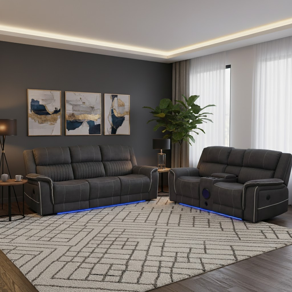 2-Piece Power Recliner Living Room Set in Grey Fabric with Console and LED Base