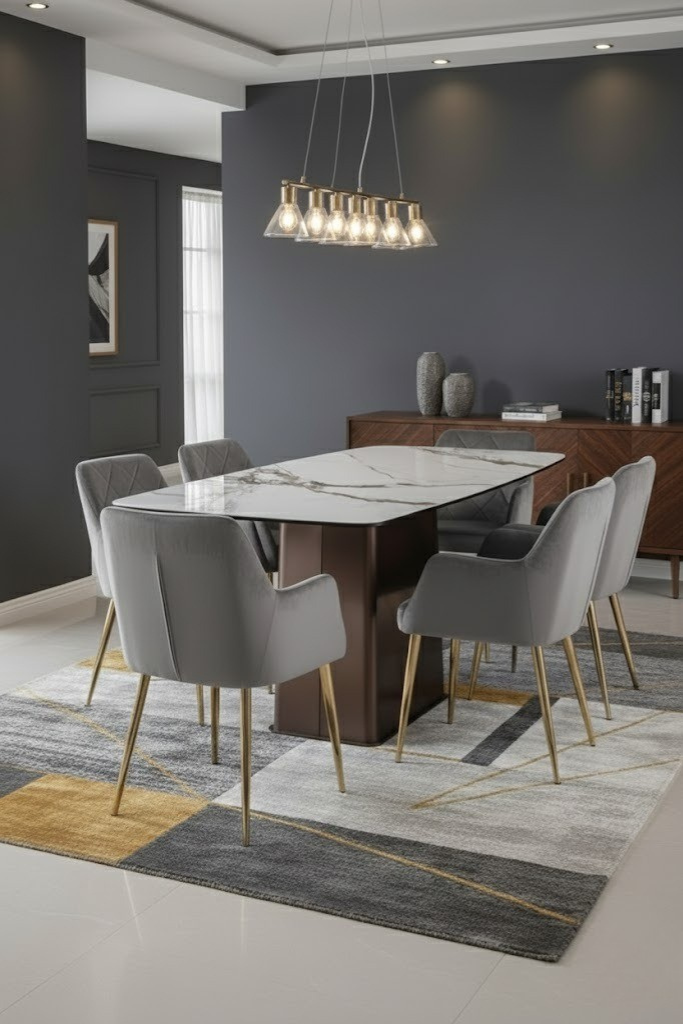 Imperia White Ceramic Marble Effect Dining Table with 6 Mink Chairs