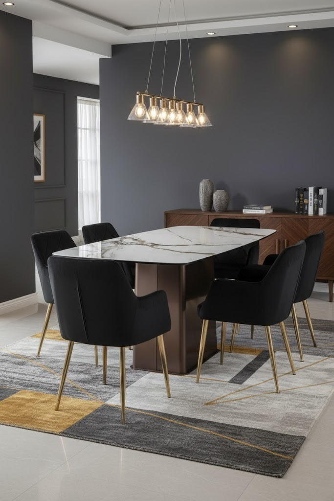 Imperia White Ceramic Marble Effect Dining Table with 6 Black Chairs