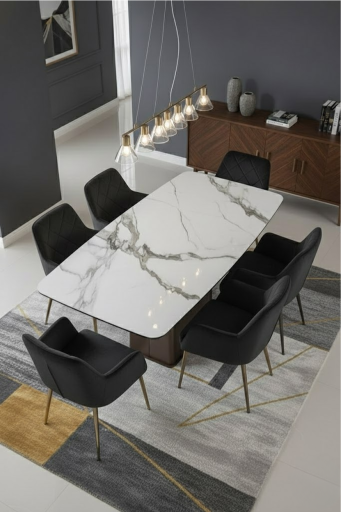 Imperia White Ceramic Marble Effect Dining Table with 6 Black Chairs
