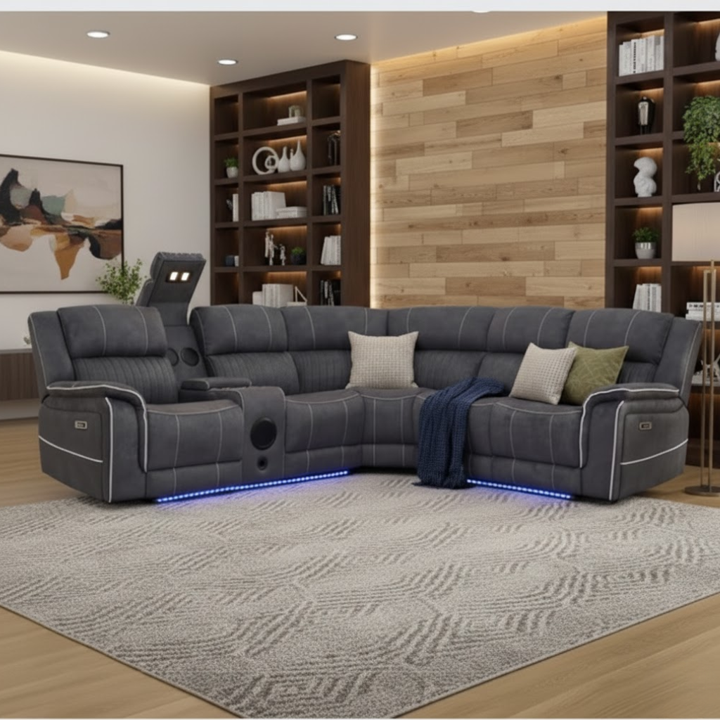 Grey Fabric Reclining Corner Sectional Sofa with LED Lights