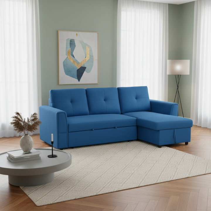 4 Seater Sofa Bed, Pull Out Sofa Bed with Storage for Living Room, Cobalt Blue