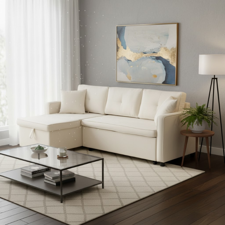 L-Shaped Convertible Sofa Bed with Reversible Chaise, Storage, Sleeper Sofa Ideal for Space-Saving Rooms, 196L x 126W x 79H cm, Beige