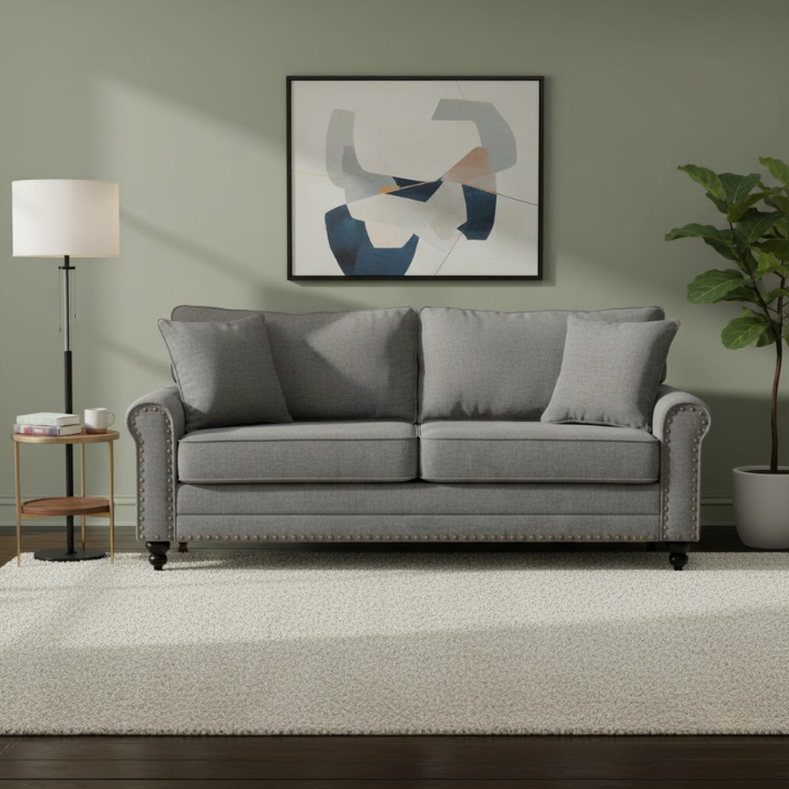 196cm 3 Seater Sofa, Fabric Sofa with Rubber Wood Legs, Nailhead Trim, 2 Pillows, Small Upholstered Couch Settee for Living Room, Guest Room, Grey