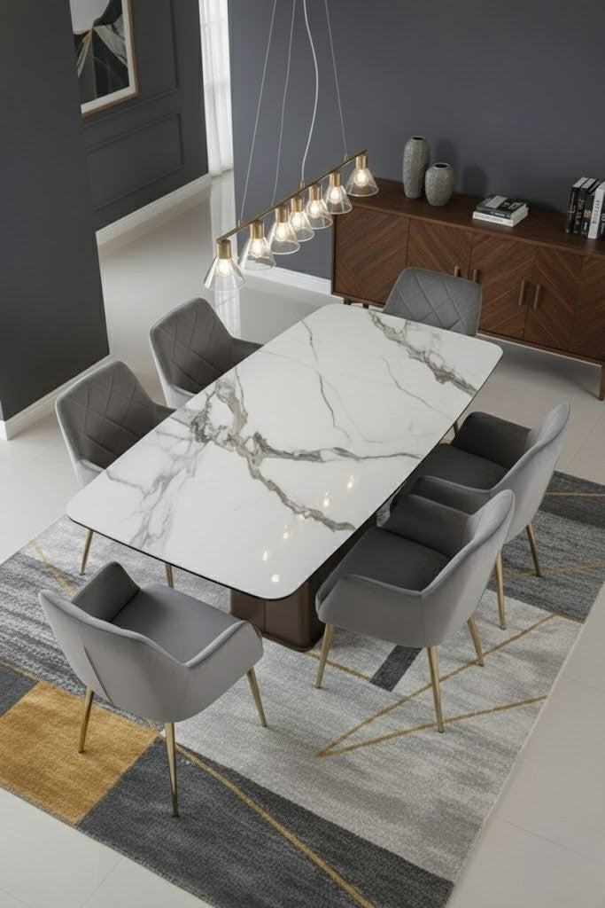 Imperia White Ceramic Marble Effect Dining Table with 6 Mink Chairs