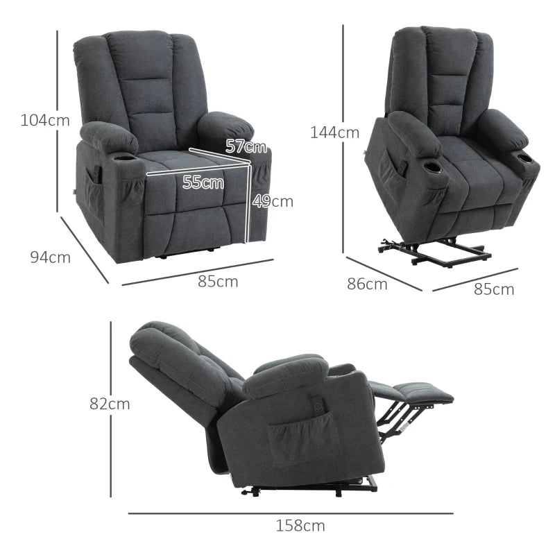 Electric Riser Recliner Armchair， Oversized Chair with Cup Holder & Side Pockets for Elderly in Living Room, Charcoal Grey